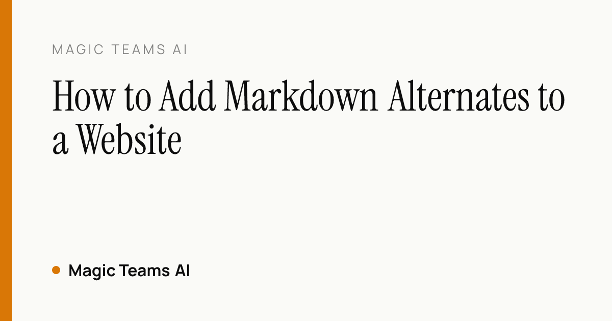 Request flow from an HTML page to its Markdown alternate, showing the Accept header check, rel=alternate link, and canonical back to HTML