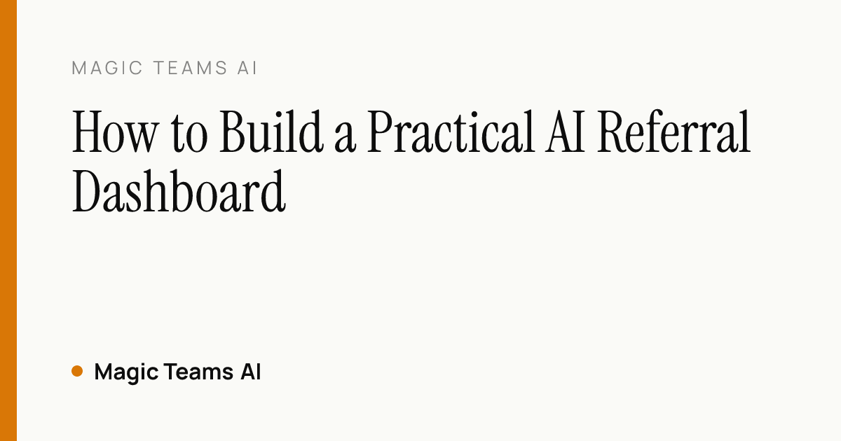 Dashboard wireframe with five AI referral measures: source visibility, citation accuracy, visits, qualified actions, open buyer questions