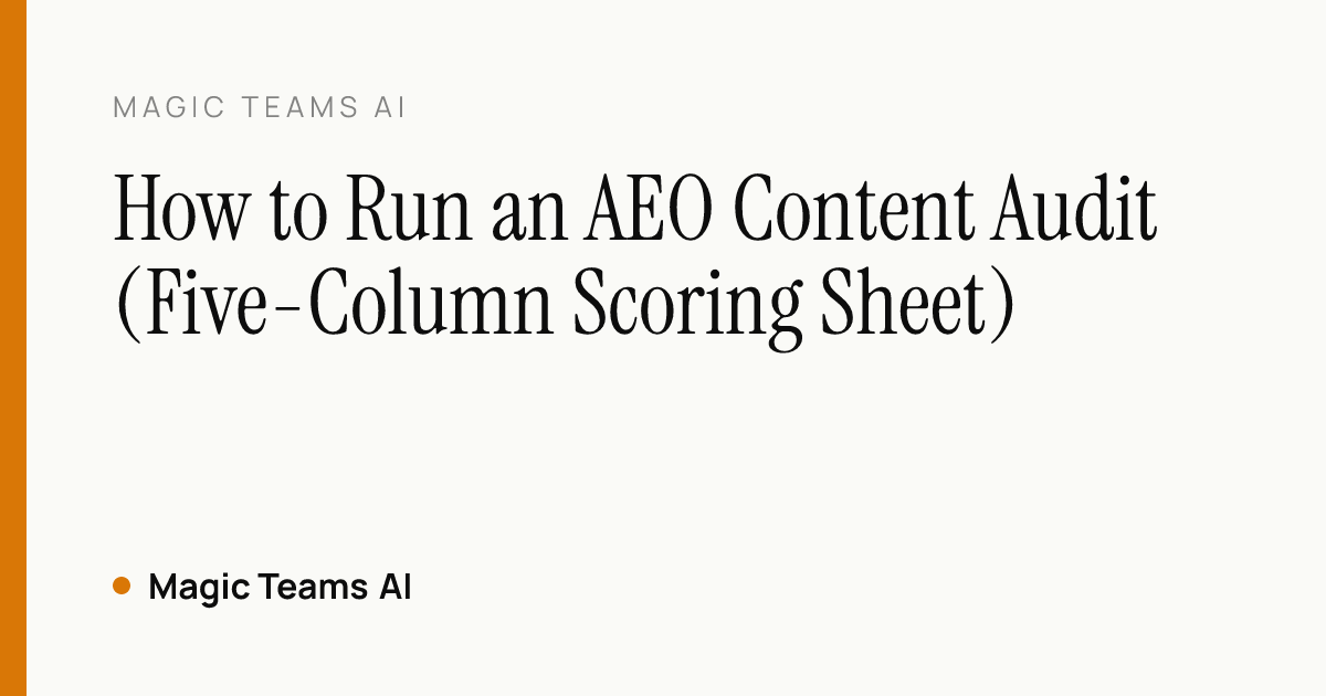 Annotated AEO audit sheet scoring pages across answer, evidence, entity, links and crawlability columns