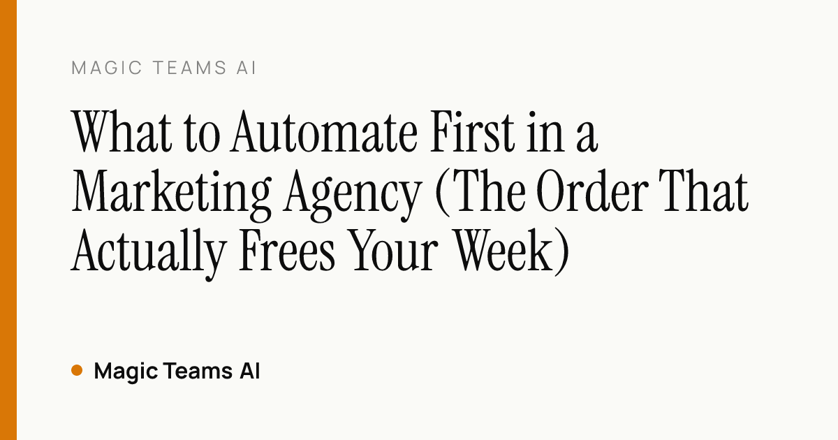 What to Automate First in a Marketing Agency (The Order That Actually Frees Your Week) — Magic Teams AI editorial cover